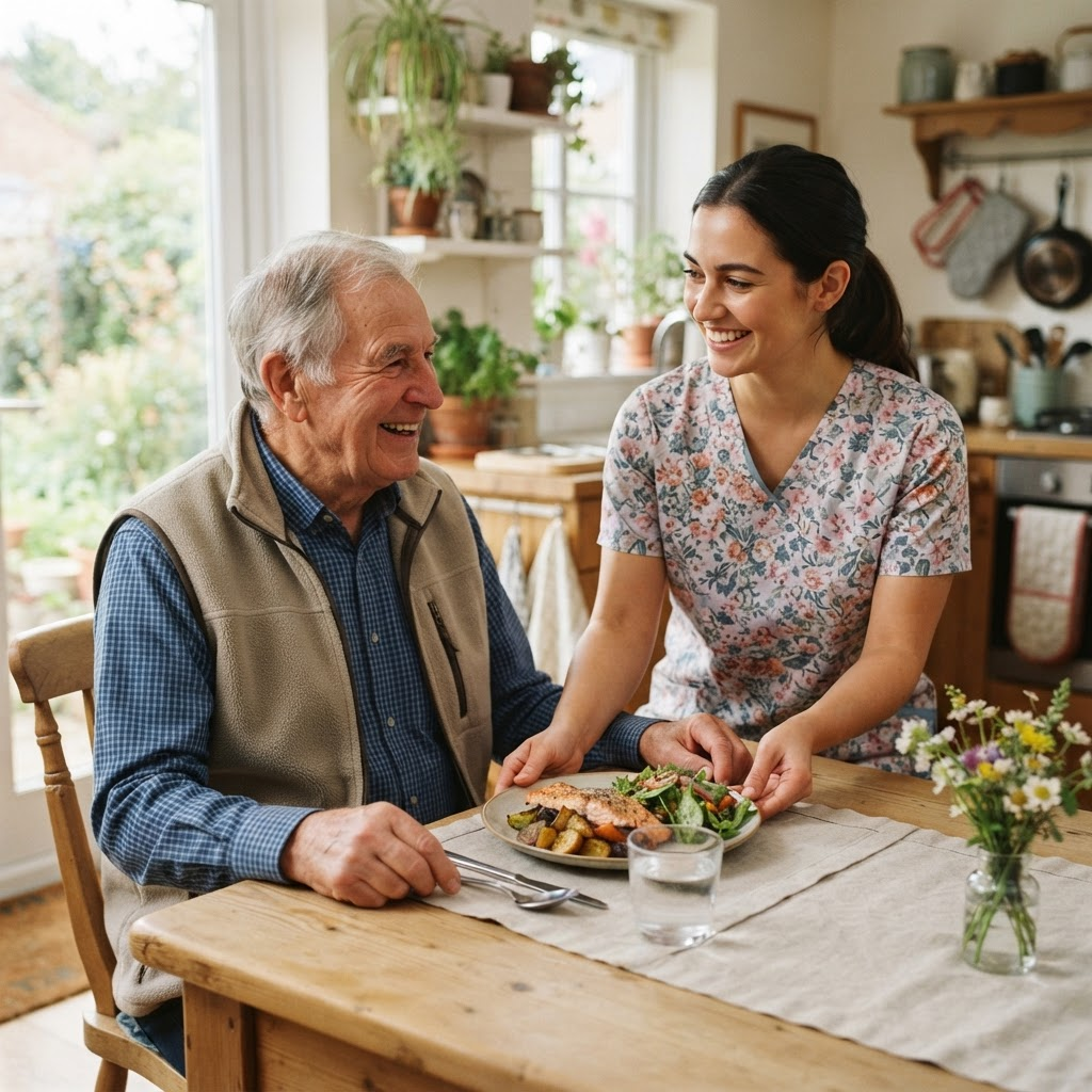 A caregiver serving a home-cooked meal to a smiling elderly man