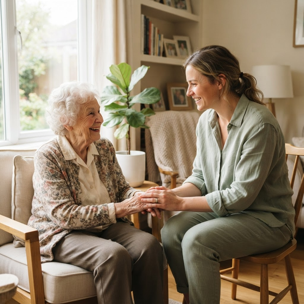 A compassionate caregiver smiling and holding hands with a happy elderly woman at home